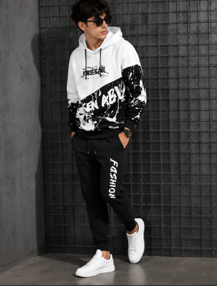 Fleece Printed Tracksuit for Men (Black & White.)
